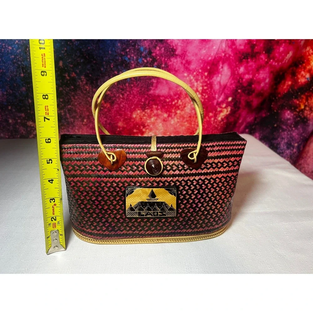 Vintage Laos Handwoven Straw Handbag Pink Black Woven Souvenir Tote Bag